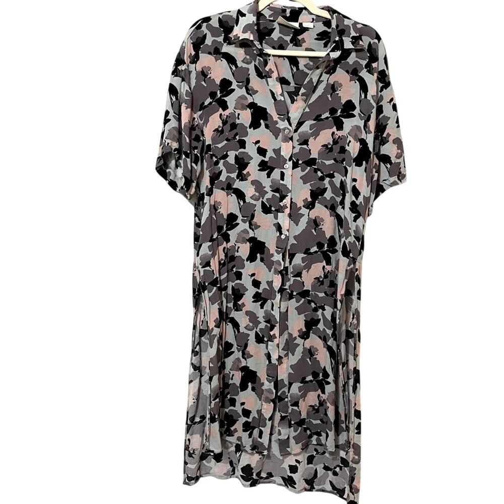 Maeve Anthropologie Green Black Pink Floral Button Down Shirt Dress Top Womens S